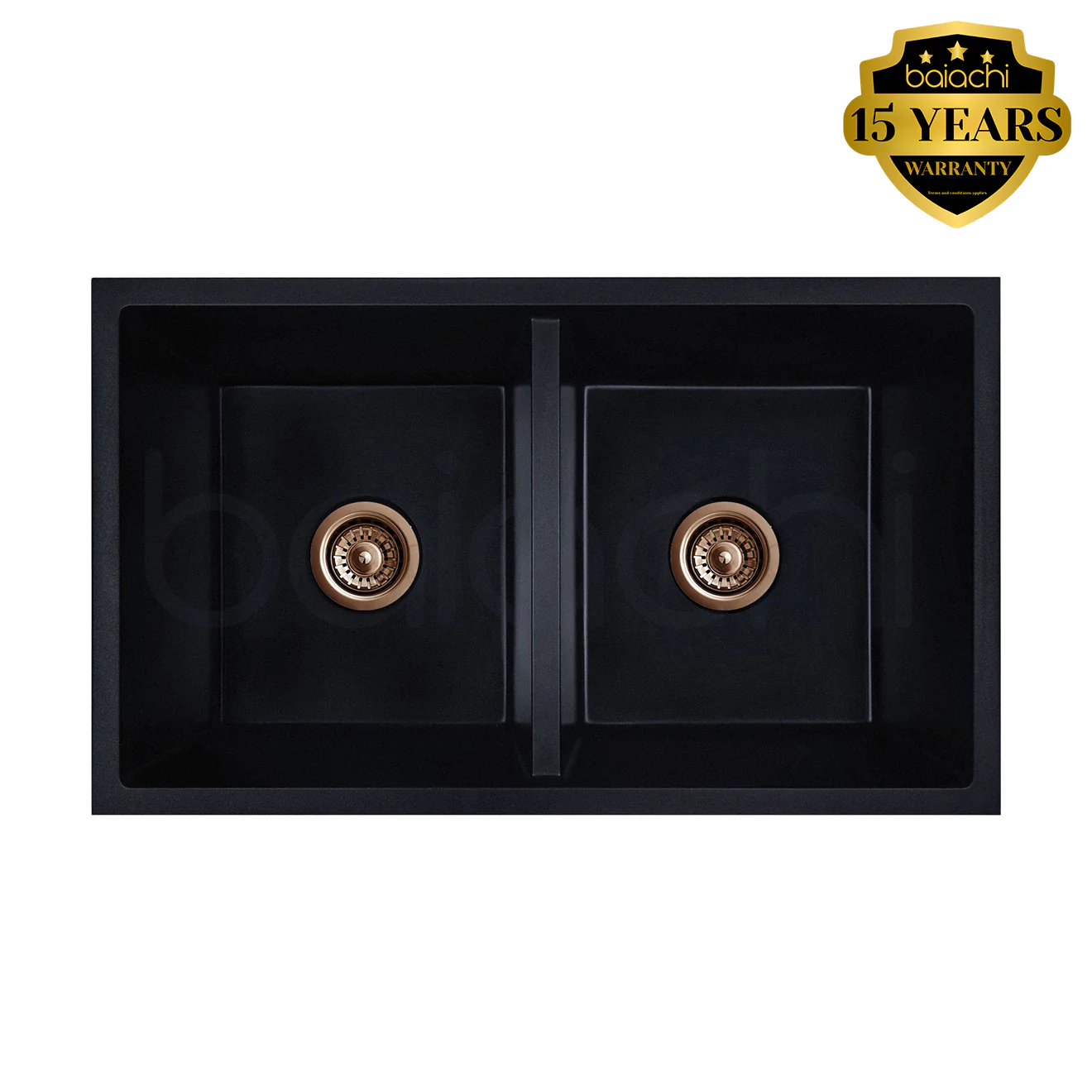 Baiachi 770 x 450 Double Bowl Granite Kitchen Sink Black with Brushed Copper Waste - Image 6