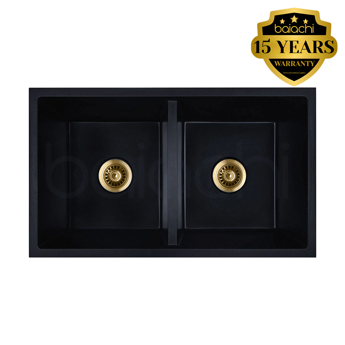 Baiachi 770 x 450 Double Bowl Granite Kitchen Sink Black with Brushed Gold Waste