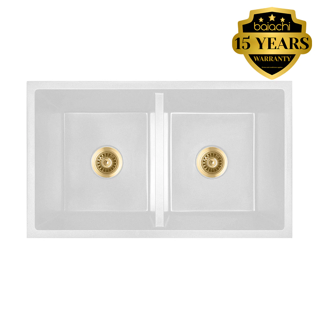 Baiachi 770 x 450 Double Bowl Granite Kitchen Sink White with Brushed Gold Waste