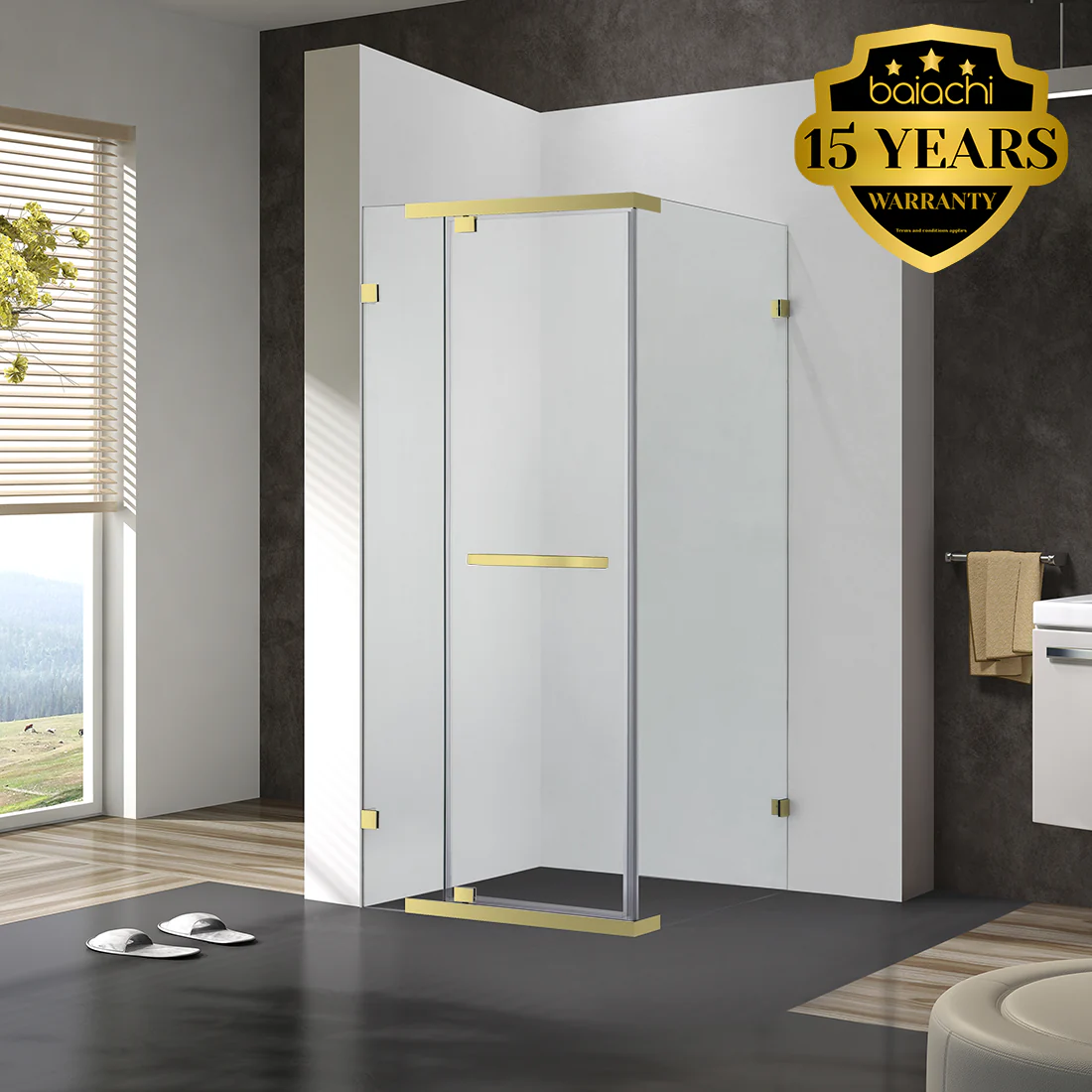 Frameless Shower Screen 1000x1000mm Square Brushed Gold