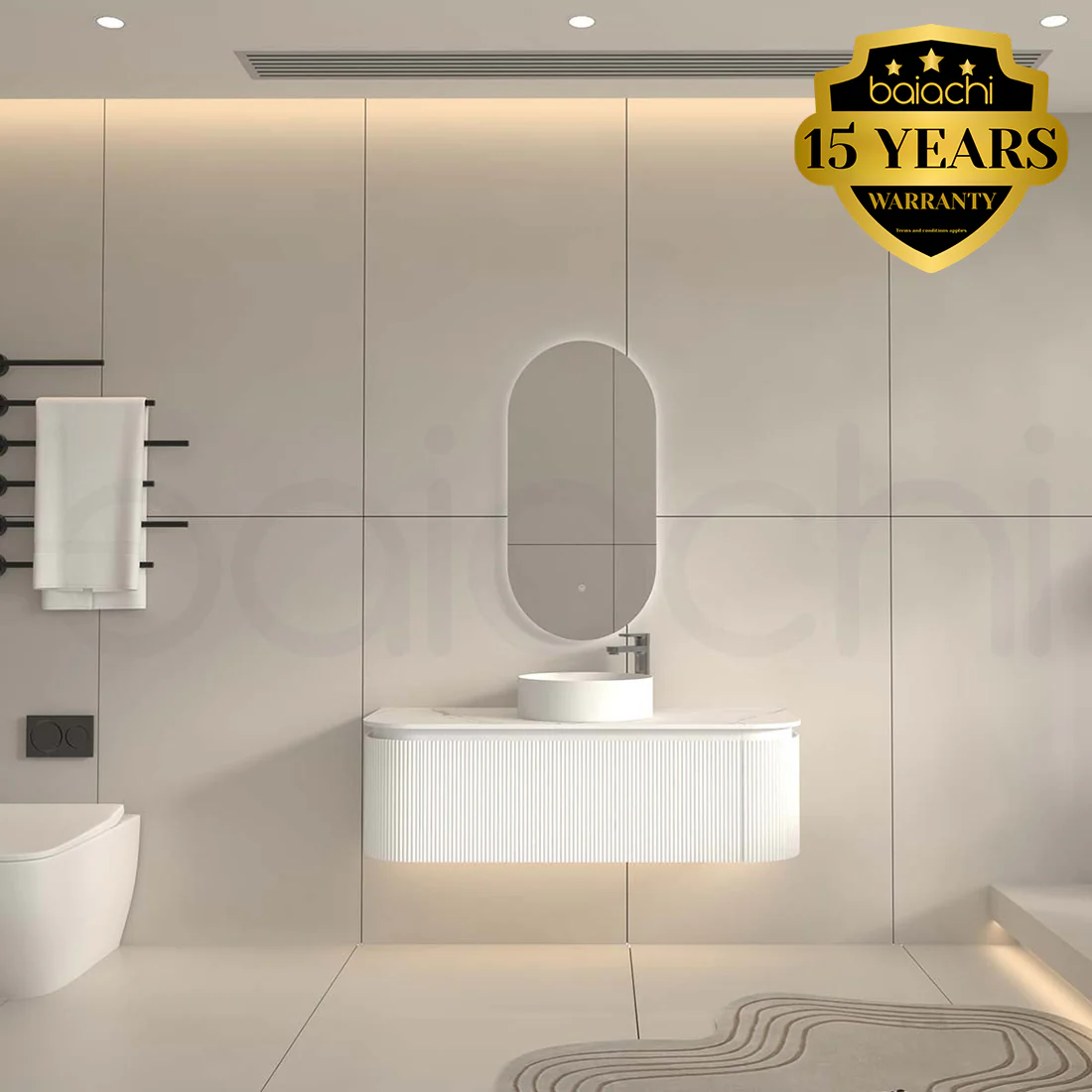 Baiachi Gympie 1200 White Fluted Timber Bathroom Vanity Wall Hung Calacatta Stone