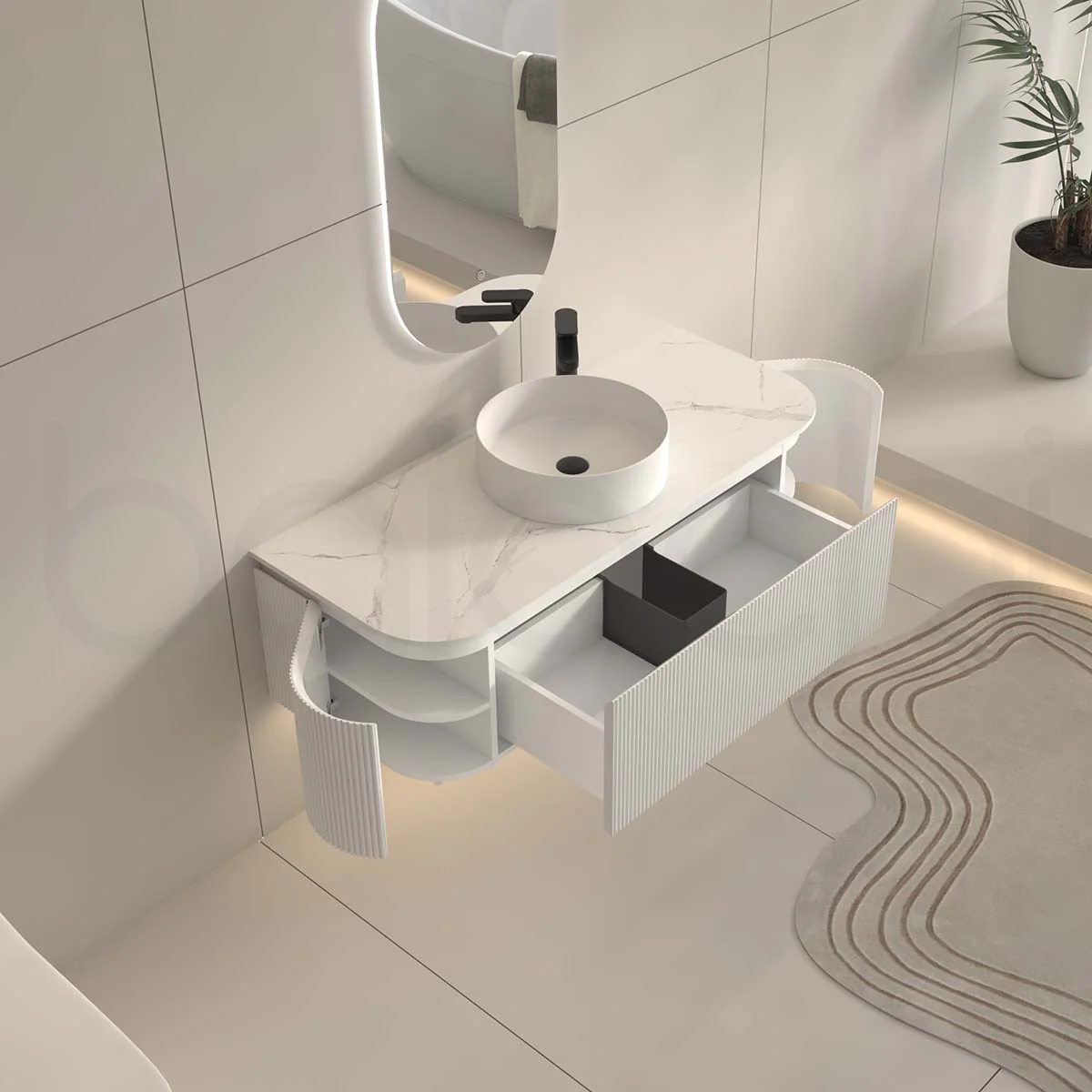 Baiachi Gympie 1200 White Fluted Timber Bathroom Vanity Wall Hung Calacatta Stone - Image 4