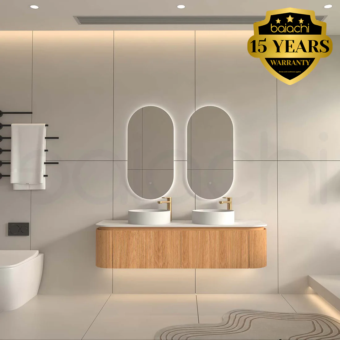 Baiachi Gympie 1500 Fluted Timber Bathroom Vanity Wall Hung Calacatta Stone