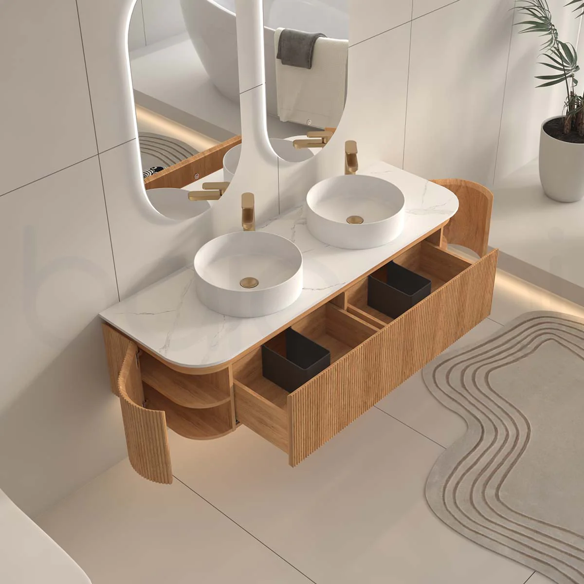 Baiachi Gympie 1500 Fluted Timber Bathroom Vanity Wall Hung Calacatta Stone - Image 4