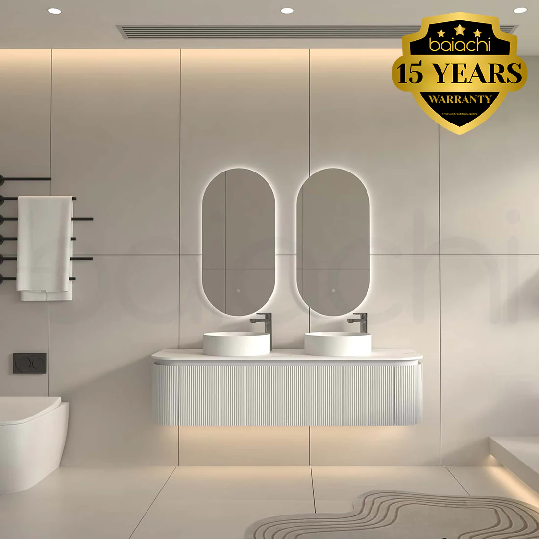 Baiachi Gympie 1500 White Fluted Timber Bathroom Vanity Wall Hung Calacatta Stone