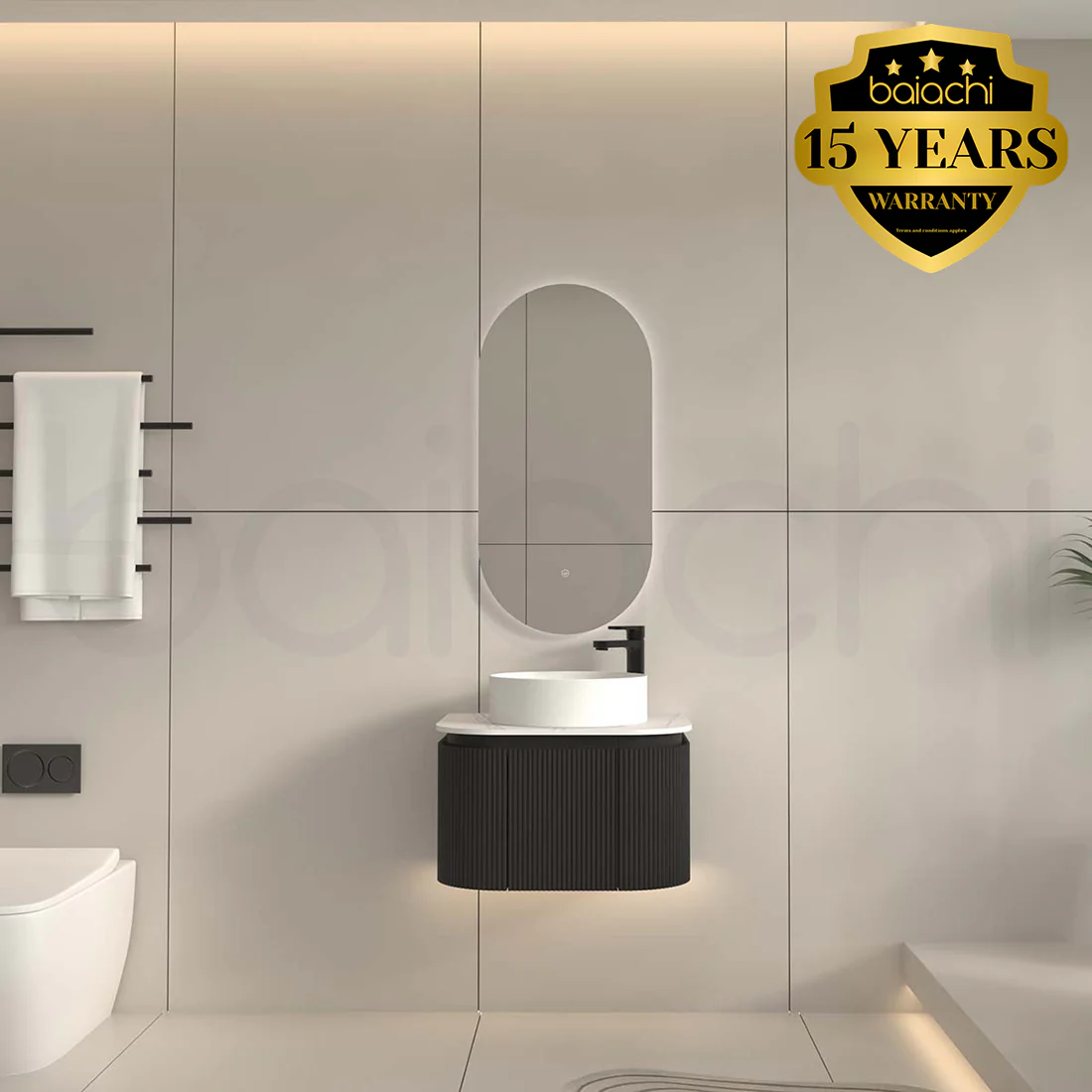Baiachi Gympie 600 Black Fluted Timber Bathroom Vanity Wall Hung Calacatta Stone