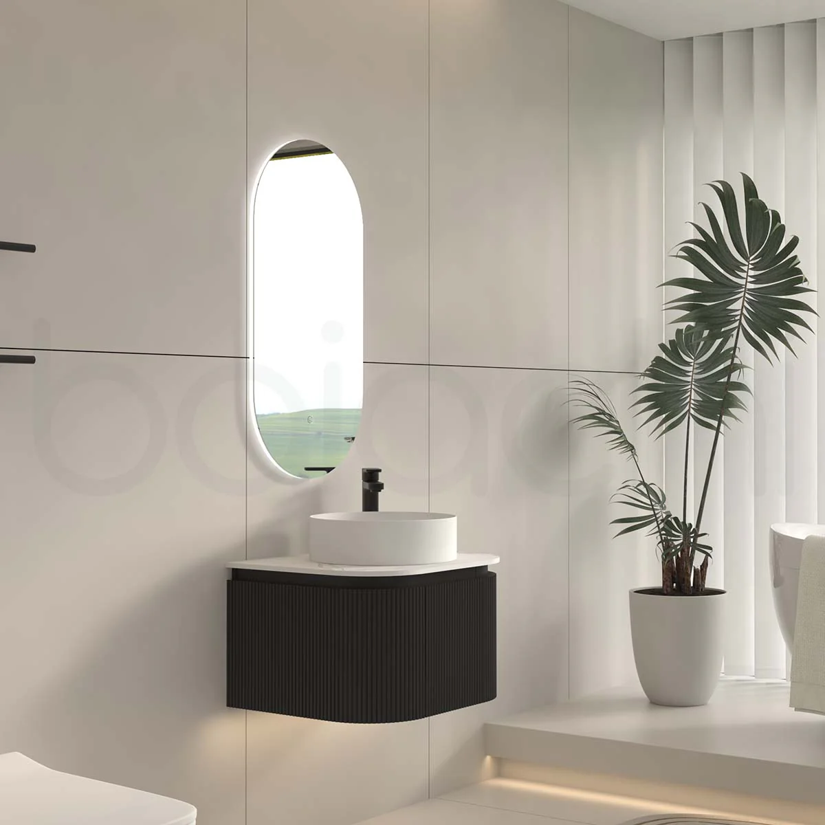 Baiachi Gympie 600 Black Fluted Timber Bathroom Vanity Wall Hung Calacatta Stone - Image 2