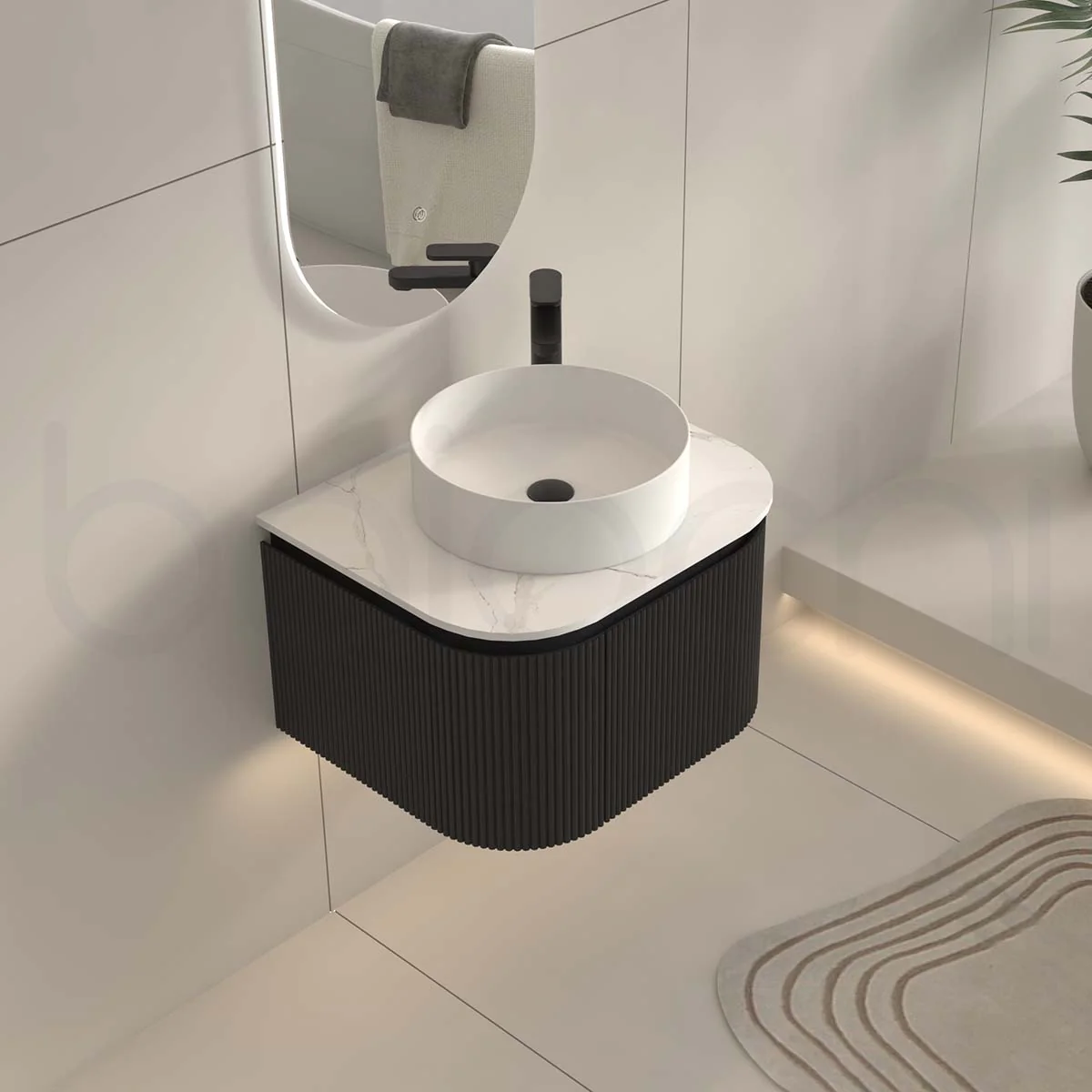 Baiachi Gympie 600 Black Fluted Timber Bathroom Vanity Wall Hung Calacatta Stone - Image 3