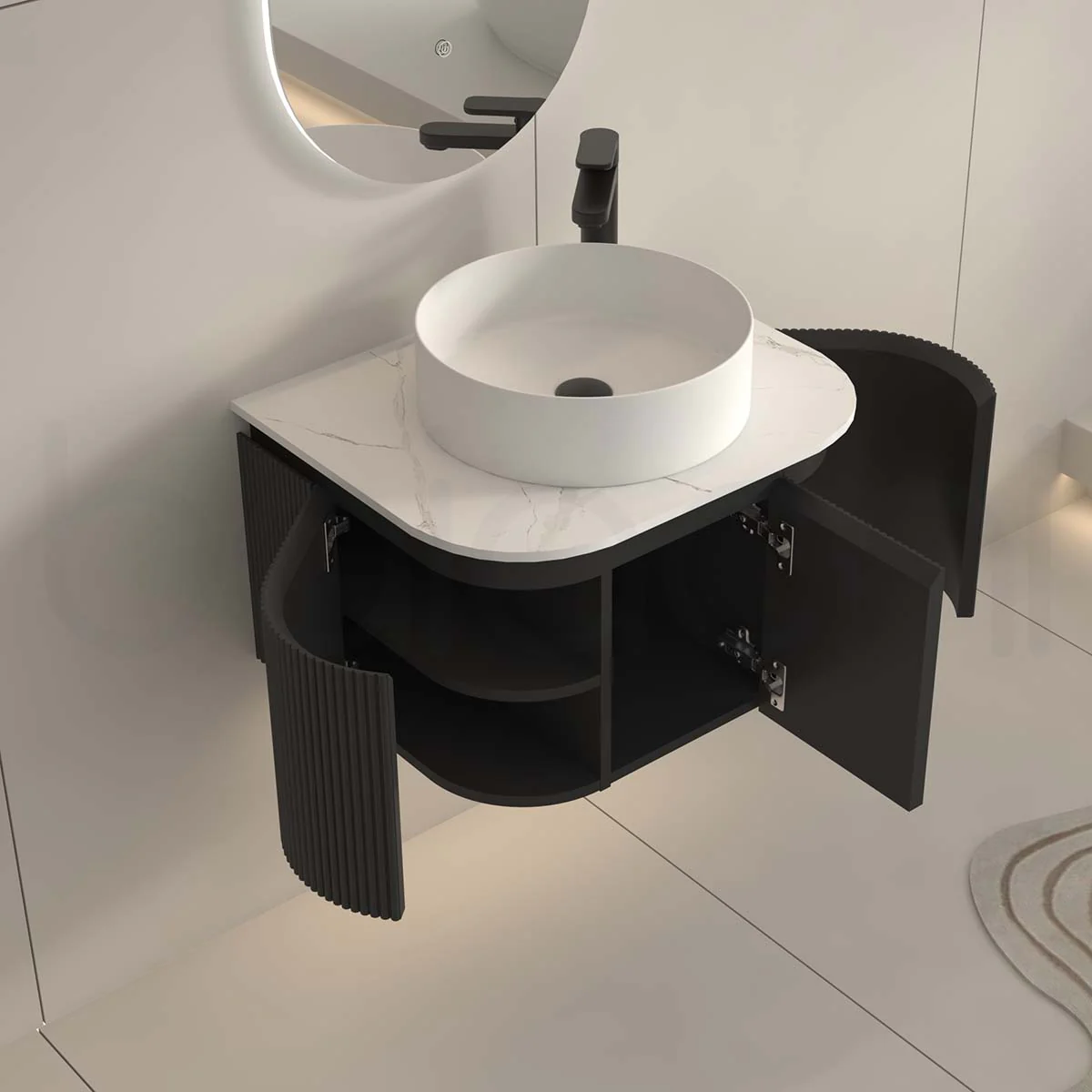Baiachi Gympie 600 Black Fluted Timber Bathroom Vanity Wall Hung Calacatta Stone - Image 4