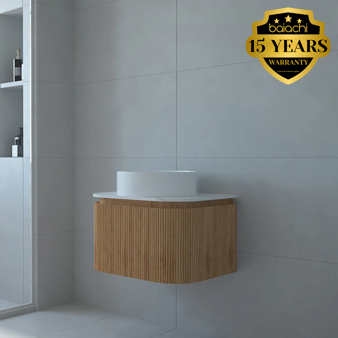 Baiachi Gympie 600 Fluted Timber Bathroom Vanity Wall Hung Calacatta Stone