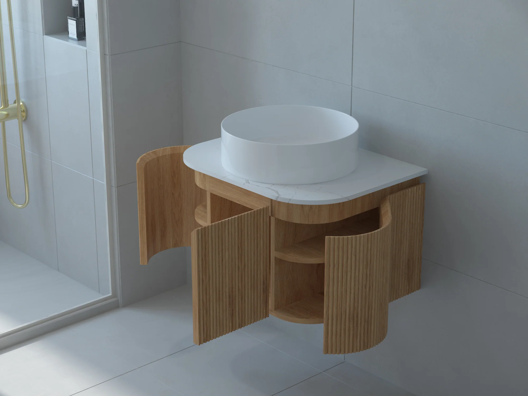 Baiachi Gympie 600 Fluted Timber Bathroom Vanity Wall Hung Calacatta Stone - Image 5