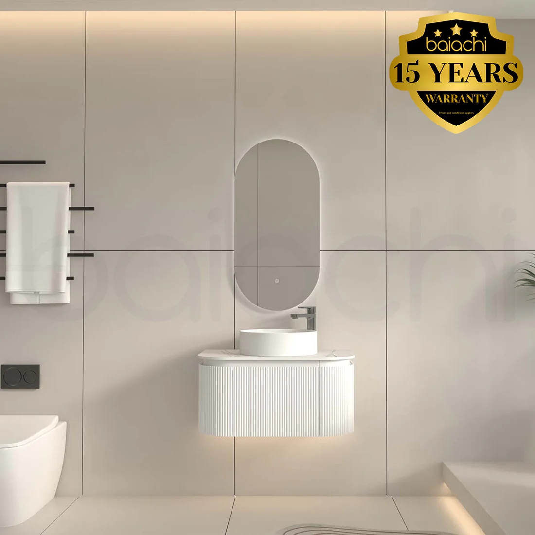 Baiachi Gympie 750 White Fluted Timber Bathroom Vanity Wall Hung Calacatta Stone