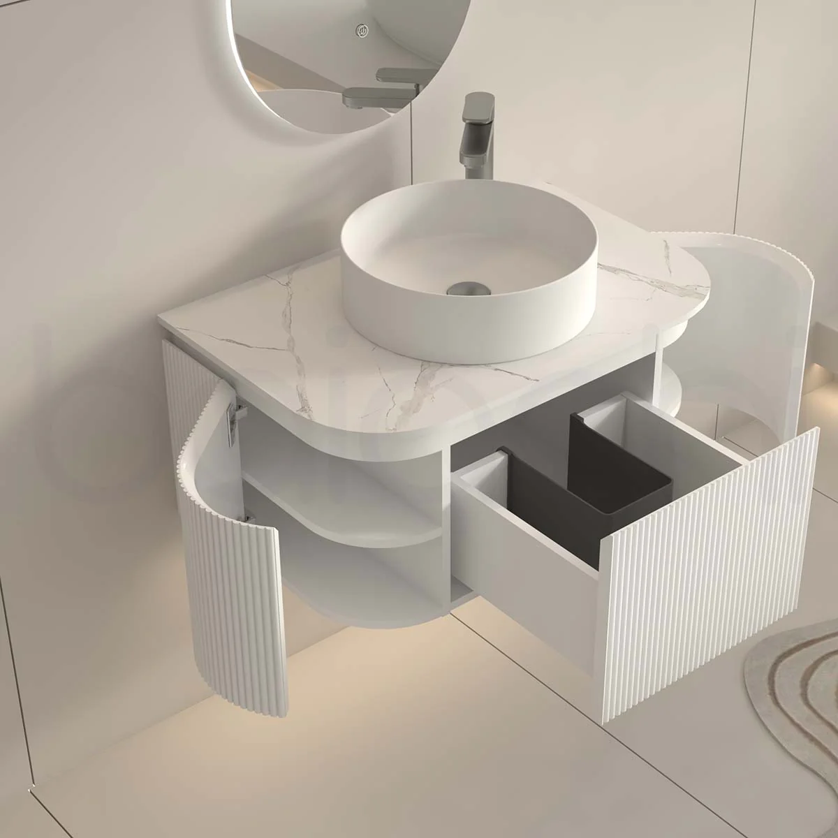 Baiachi Gympie 750 White Fluted Timber Bathroom Vanity Wall Hung Calacatta Stone - Image 4