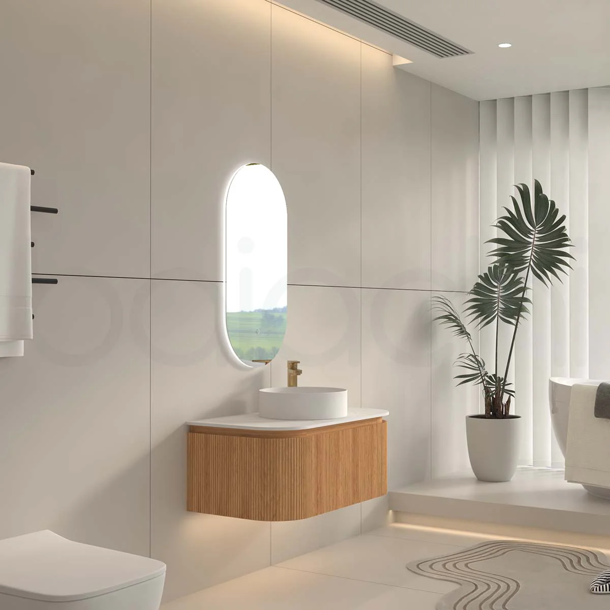 Baiachi Gympie 900 Fluted Timber Bathroom Vanity Wall Hung Calacatta Stone - Image 2