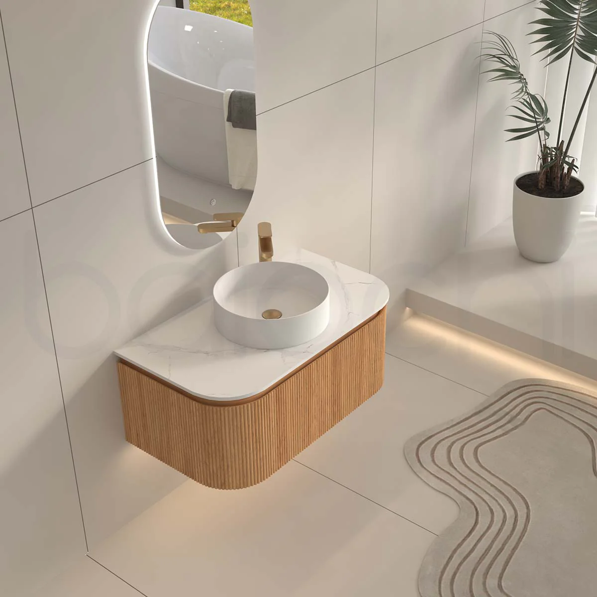 Baiachi Gympie 900 Fluted Timber Bathroom Vanity Wall Hung Calacatta Stone - Image 3