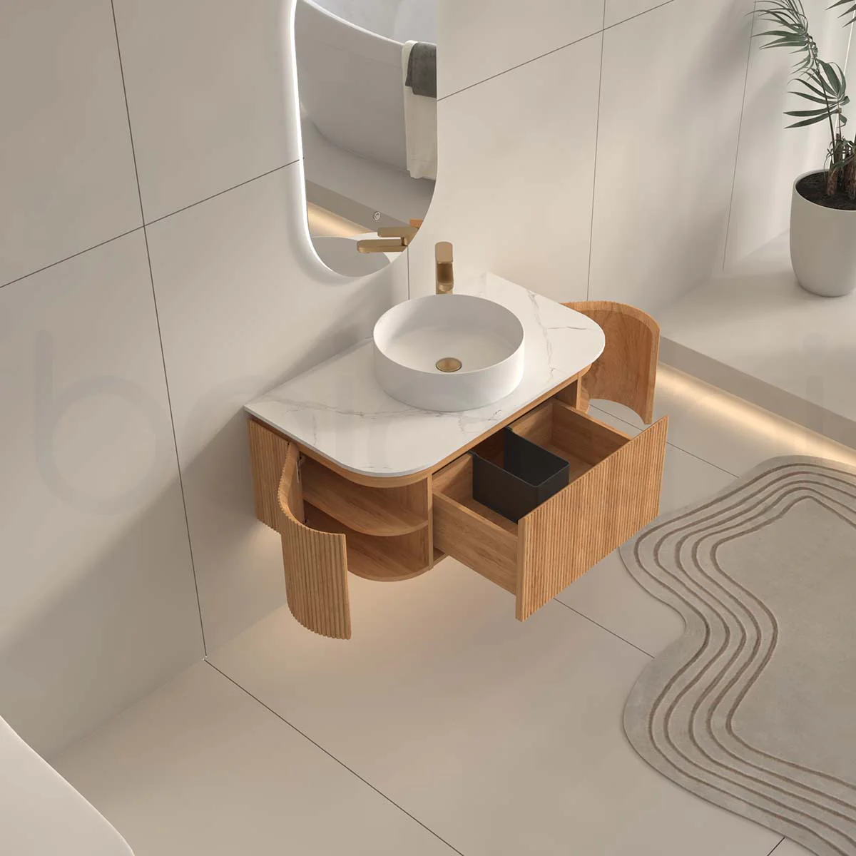 Baiachi Gympie 900 Fluted Timber Bathroom Vanity Wall Hung Calacatta Stone - Image 4