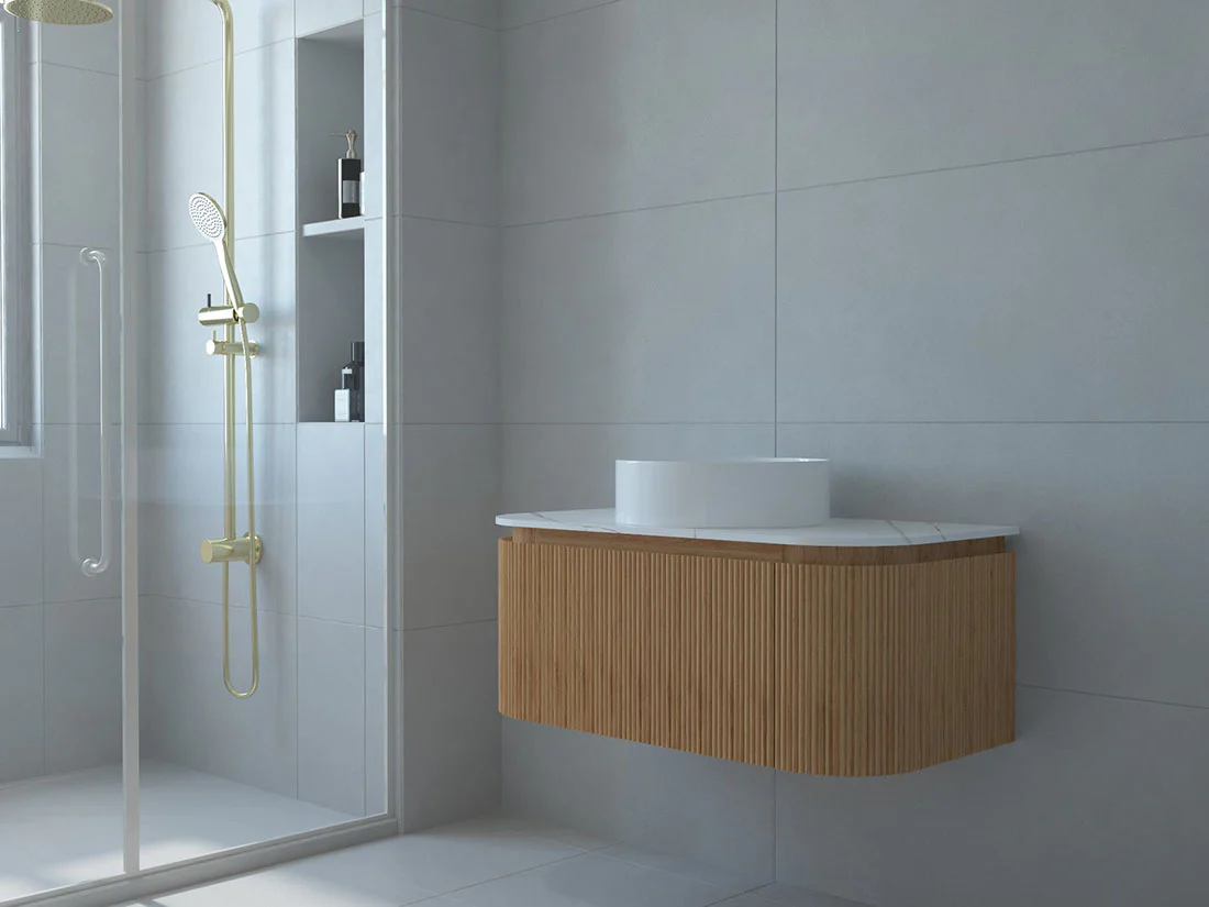 Baiachi Gympie 900 Fluted Timber Bathroom Vanity Wall Hung Calacatta Stone - Image 6