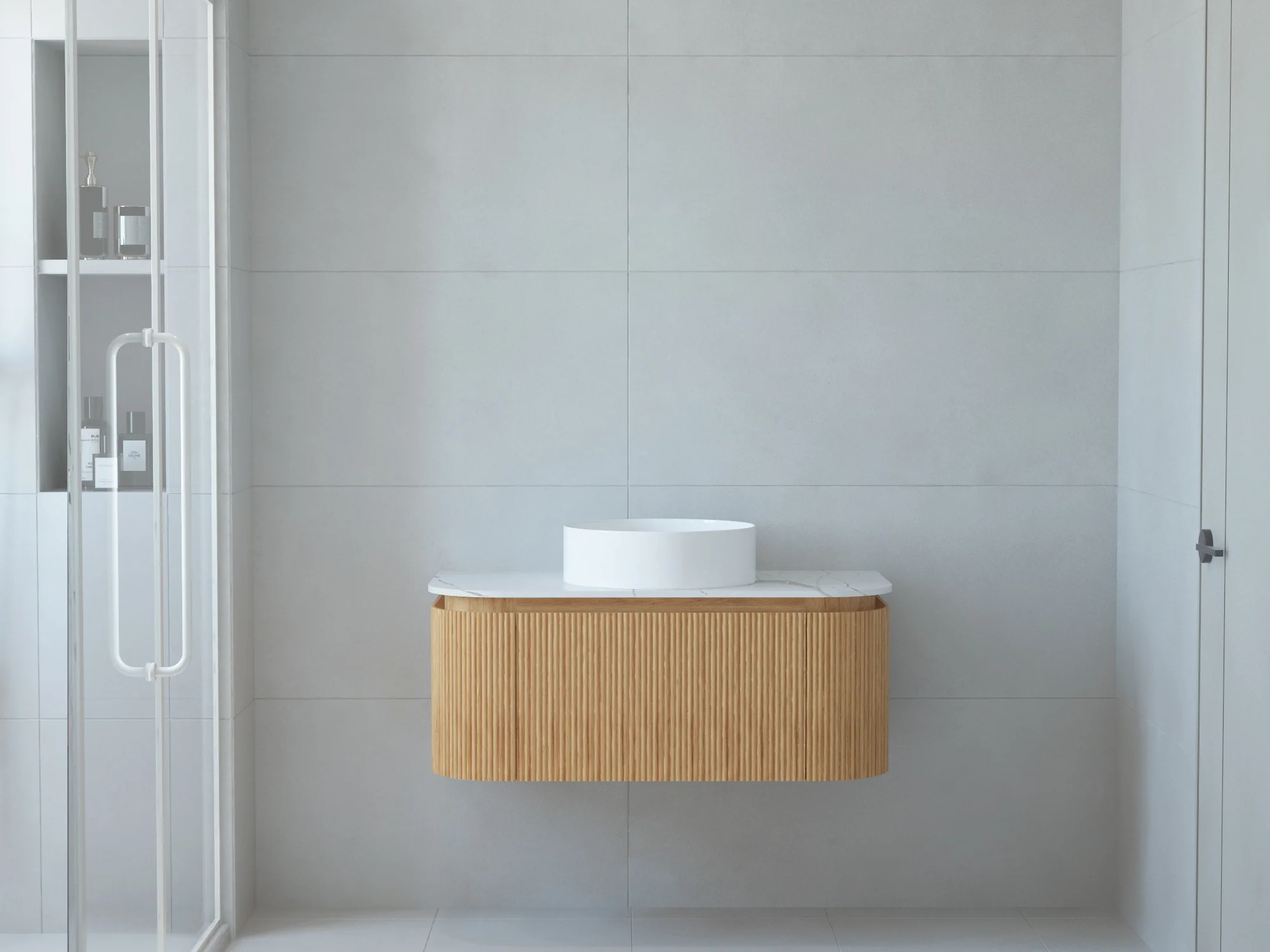 Baiachi Gympie 900 Fluted Timber Bathroom Vanity Wall Hung Calacatta Stone - Image 8
