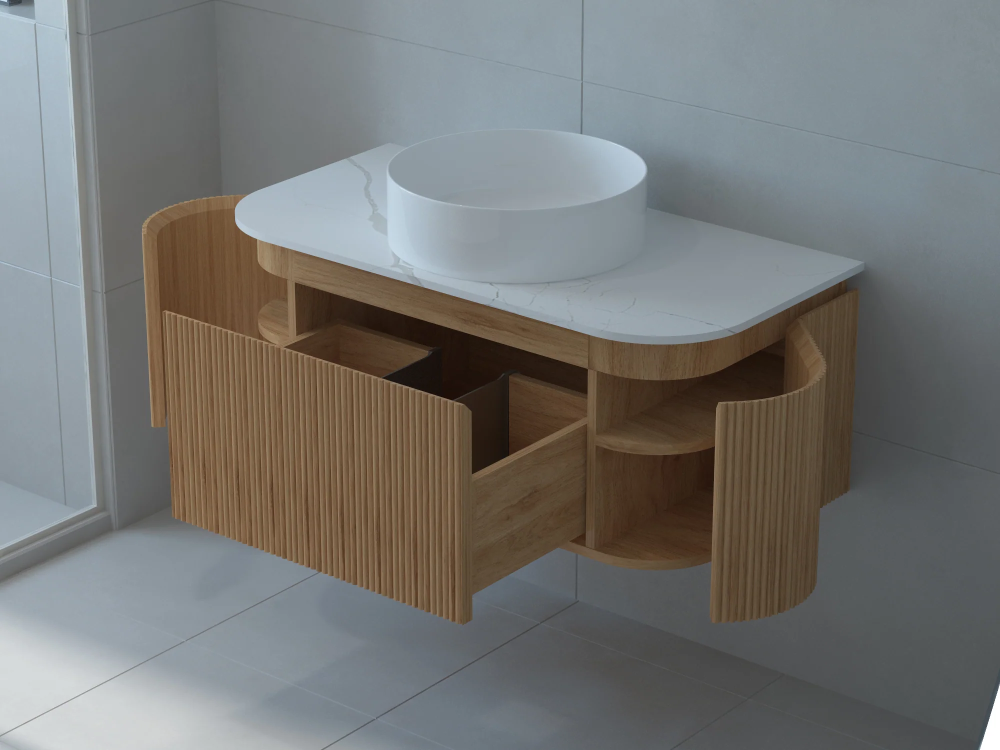 Baiachi Gympie 900 Fluted Timber Bathroom Vanity Wall Hung Calacatta Stone - Image 9