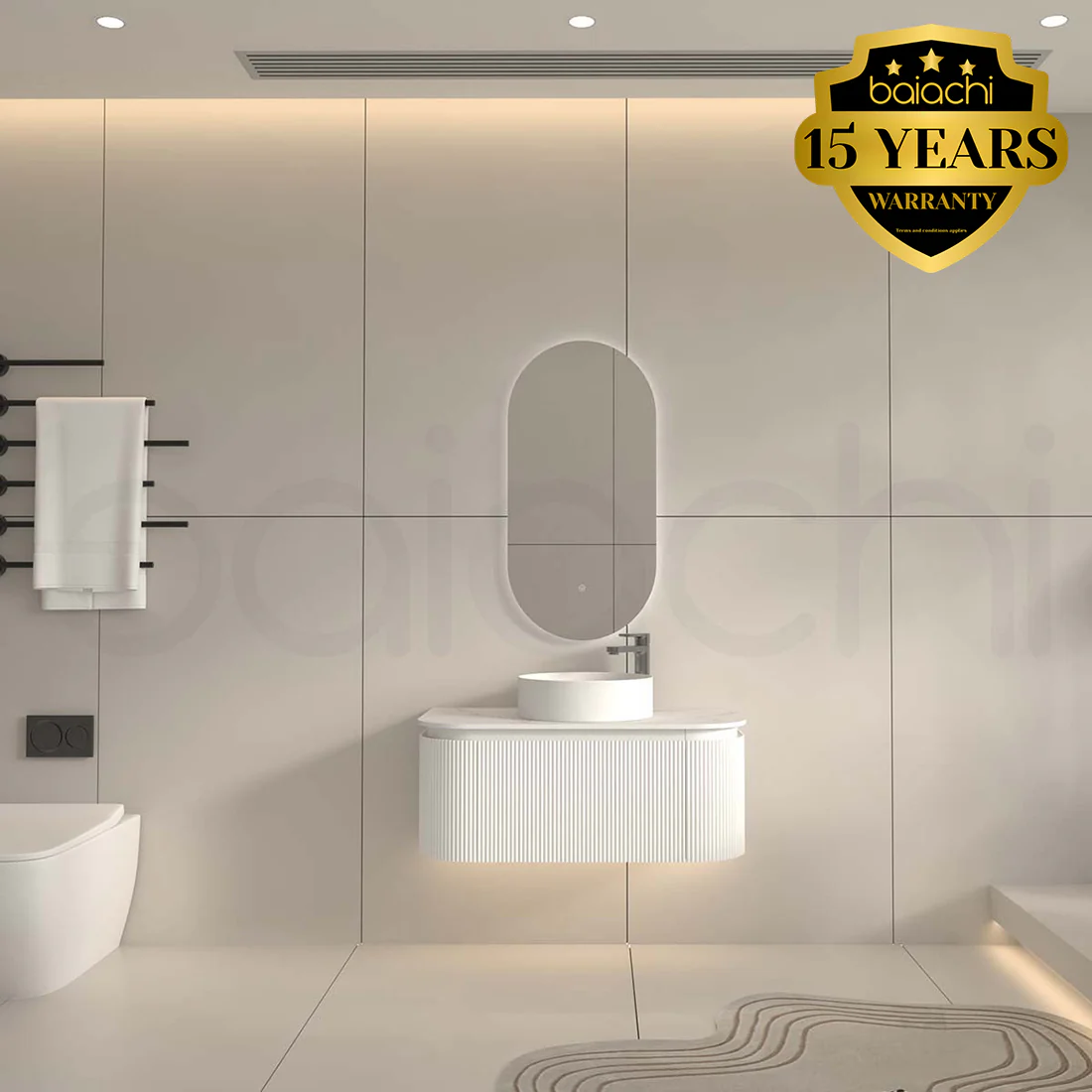 Baiachi Gympie 900 White Fluted Timber Bathroom Vanity Wall Hung Calacatta Stone