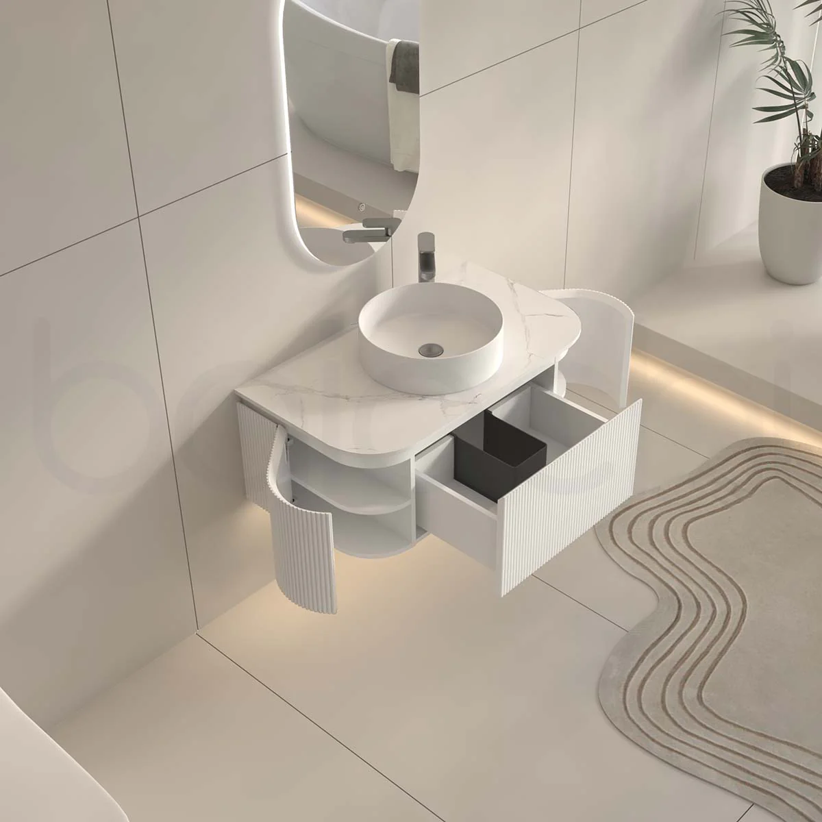 Baiachi Gympie 900 White Fluted Timber Bathroom Vanity Wall Hung Calacatta Stone - Image 4