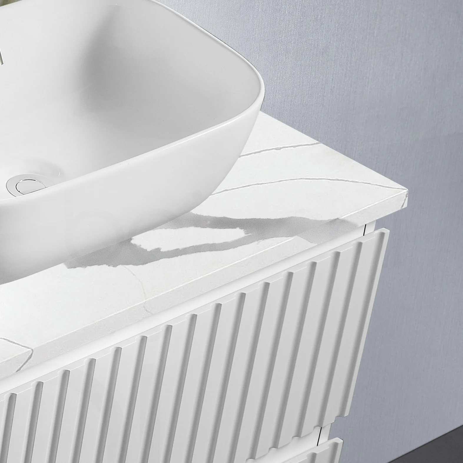 Baiachi Ivana Fluted 900mm PVC Water Proof Bathroom Vanity Left Drawers Calacatta Quartz Stone