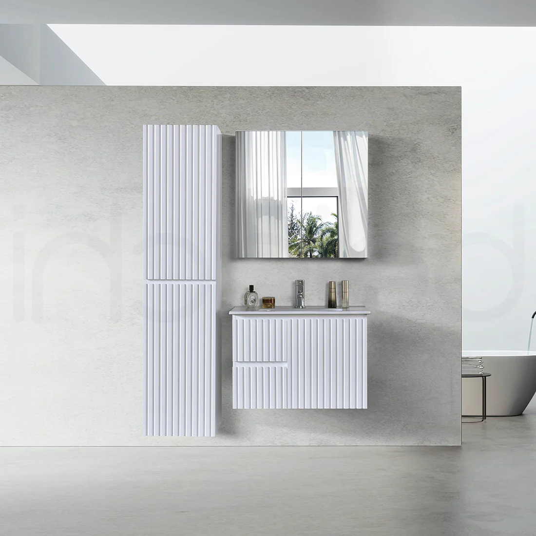 Baiachi Ivana Fluted 750mm PVC Water Proof Wall Hung Bathroom Vanity Left Drawers White Quartz Stone - Image 4