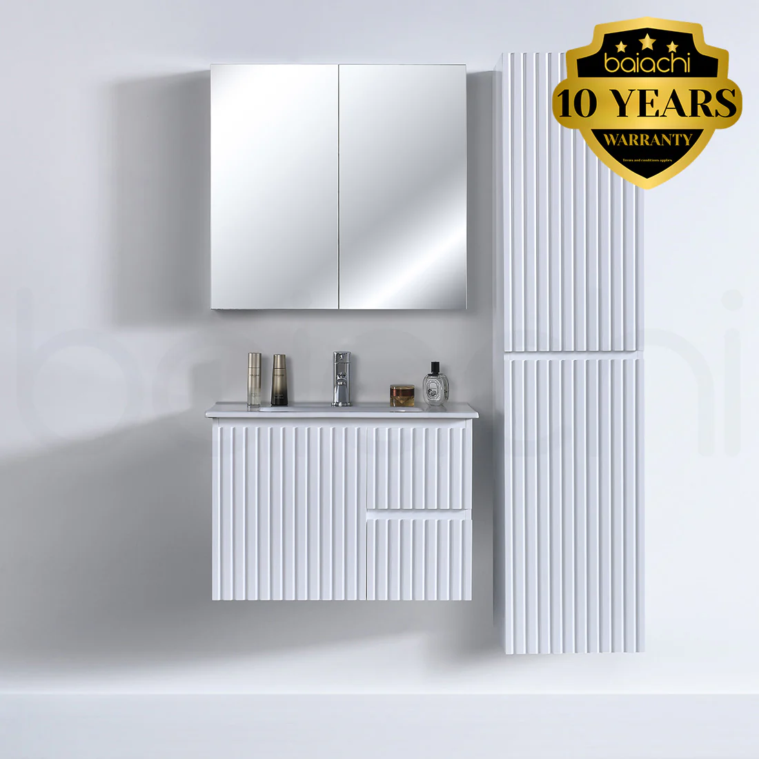 Baiachi Ivana Fluted 750mm PVC Water Proof Wall Hung Bathroom Vanity Right Drawers White Quartz Stone - Image 2