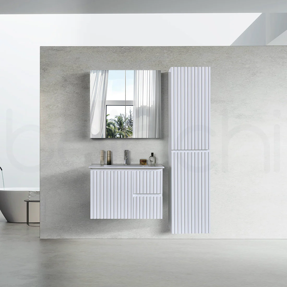 Baiachi Ivana Fluted 750mm PVC Water Proof Wall Hung Bathroom Vanity Right Drawers White Quartz Stone - Image 4