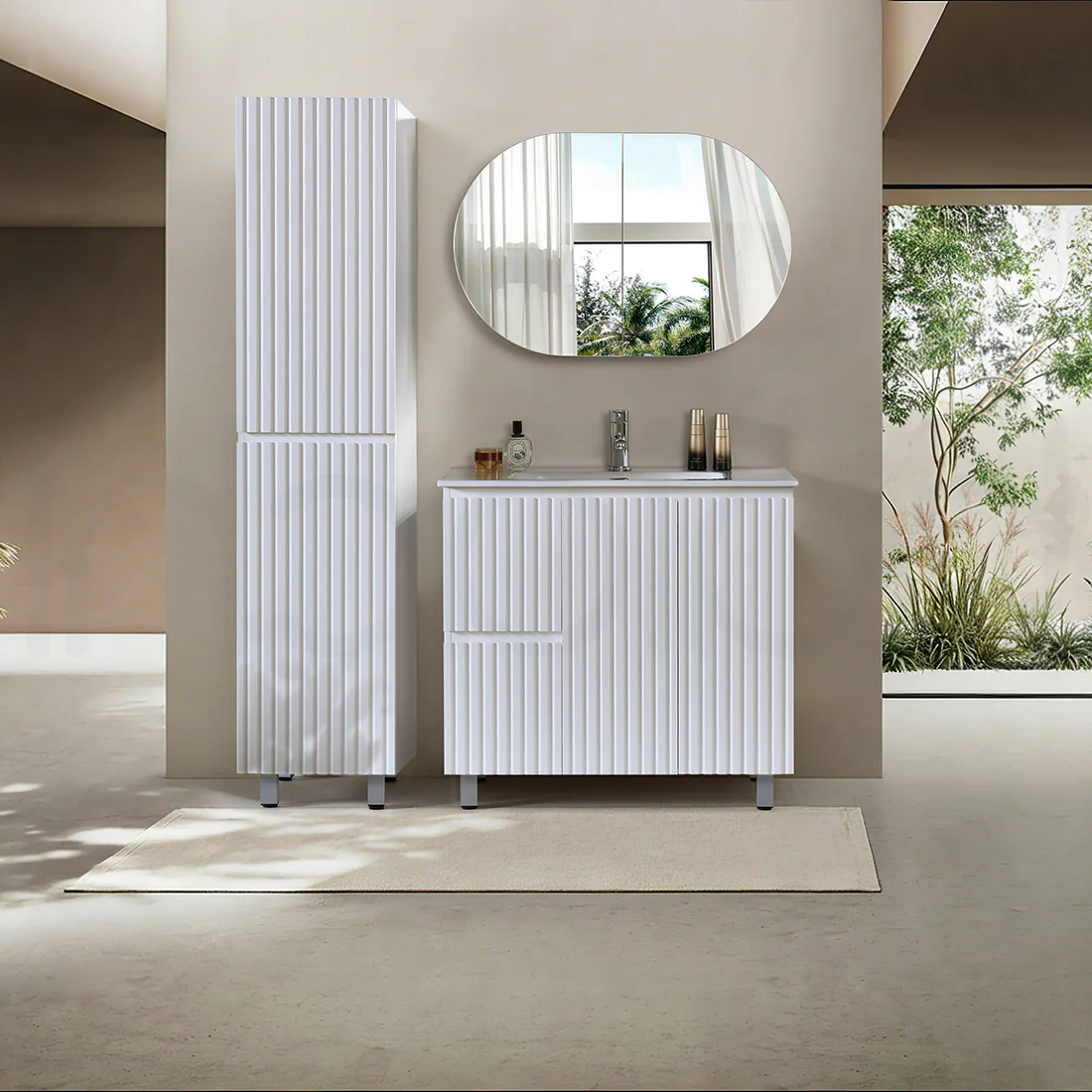 Baiachi Ivana Fluted 900mm PVC Water Proof Bathroom Vanity Left Drawers Calacatta Quartz Stone - Image 4