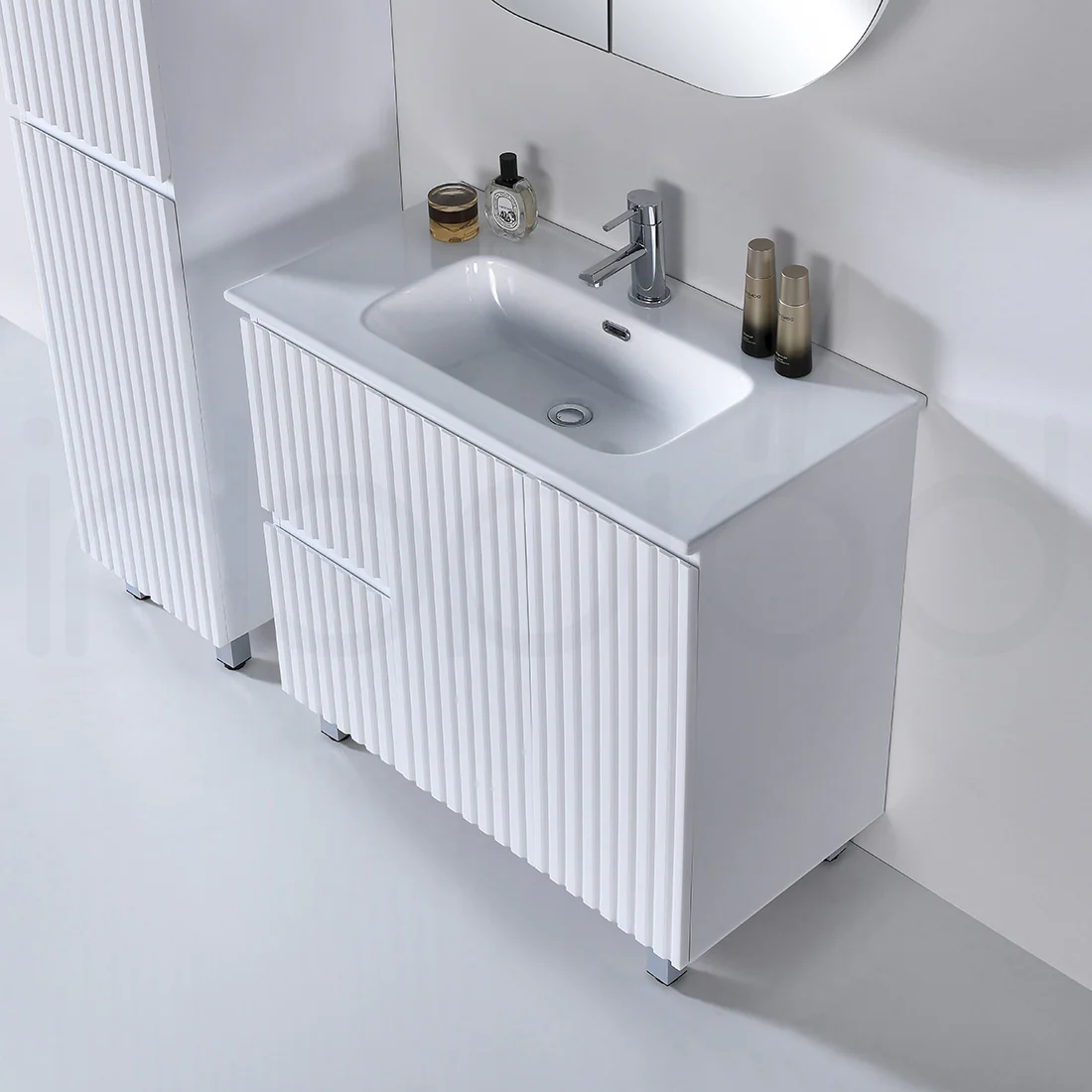 Baiachi Ivana Fluted 900mm PVC Water Proof Bathroom Vanity Left Drawers Calacatta Quartz Stone - Image 5