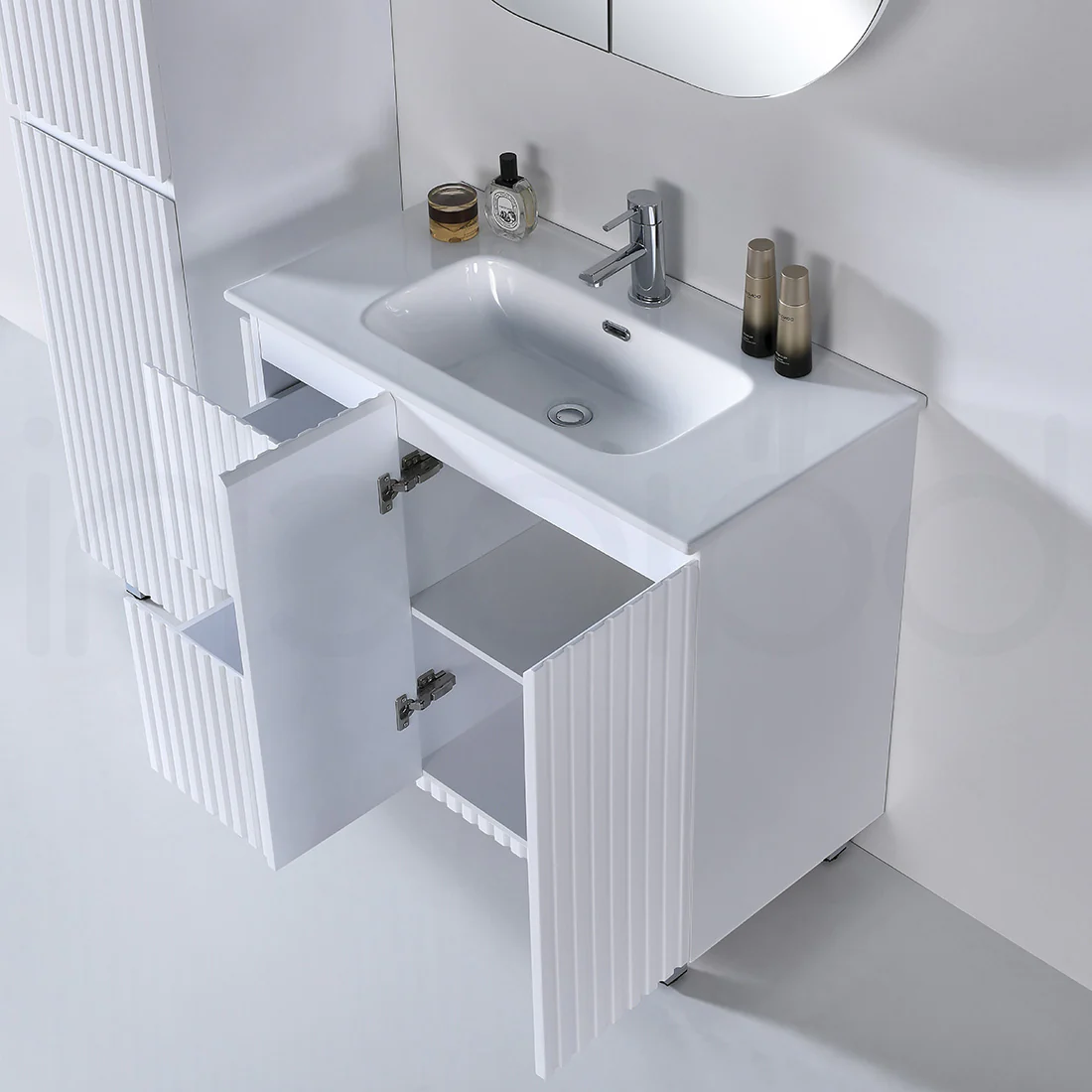 Baiachi Ivana Fluted 900mm PVC Water Proof Bathroom Vanity Left Drawers Calacatta Quartz Stone - Image 6