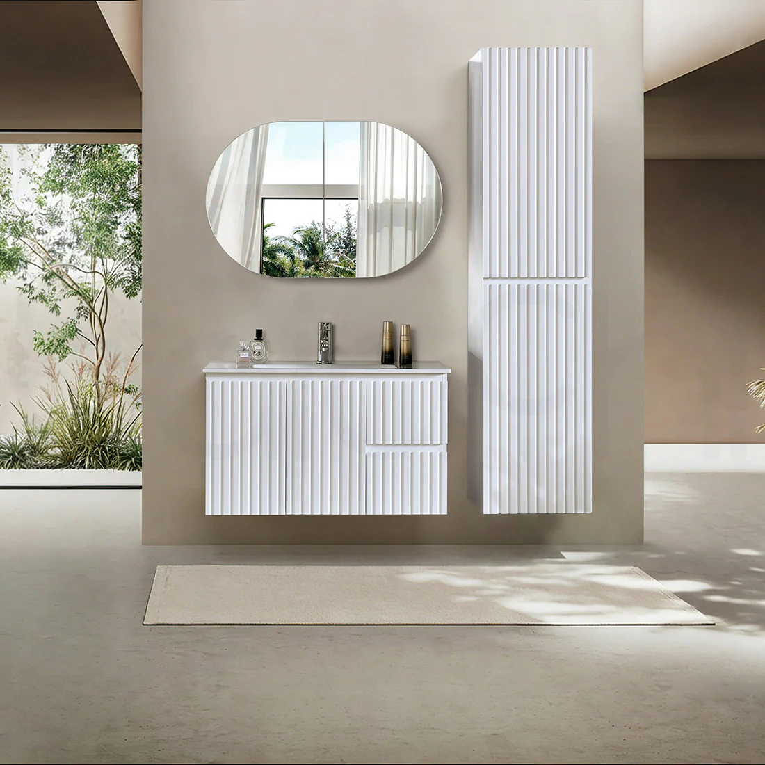 Baiachi Ivana Fluted 900mm PVC Water Proof Wall Hung Bathroom Vanity Right Drawers Cabinet - Image 3