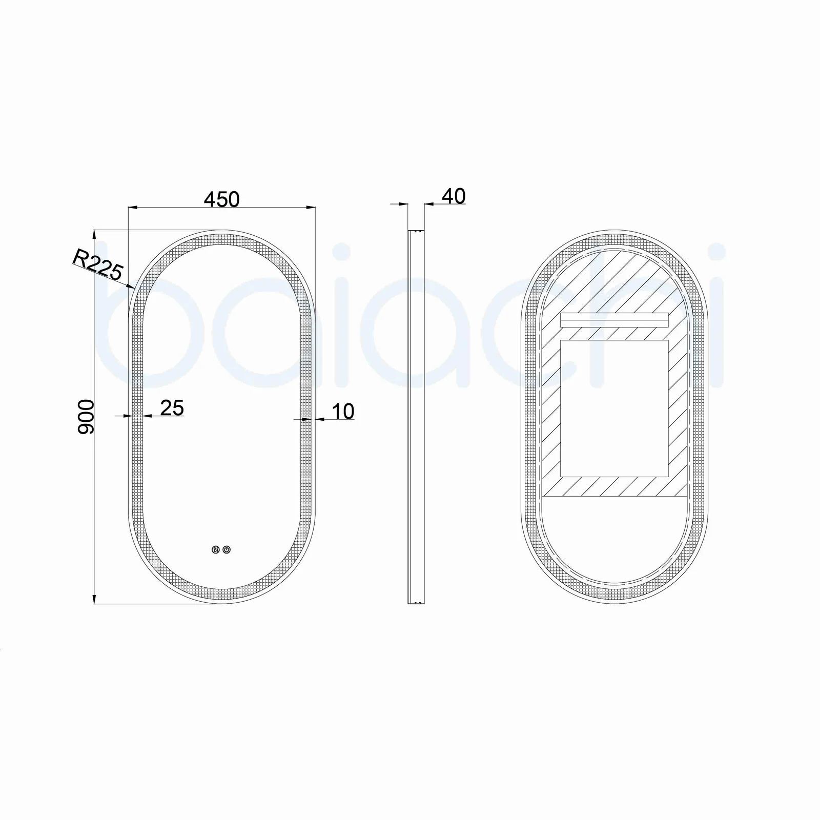 Baiachi LED Oval 450mmx900mm Frame Mirror Gun Metal - Image 3