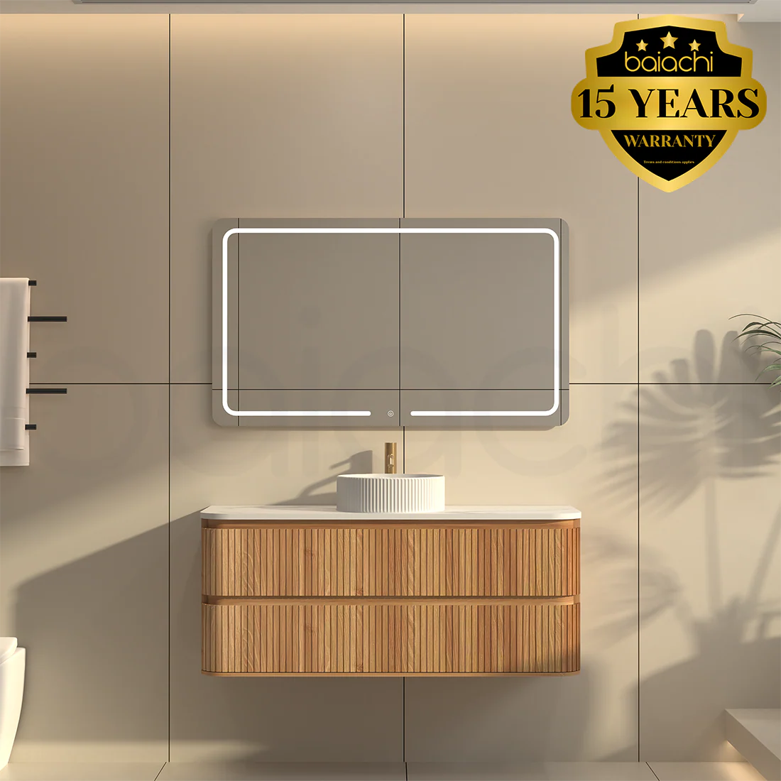 Baiachi Mareeba 1200 Timber Fluted Wall Hung Bathroom Vanity Calacatta Stone