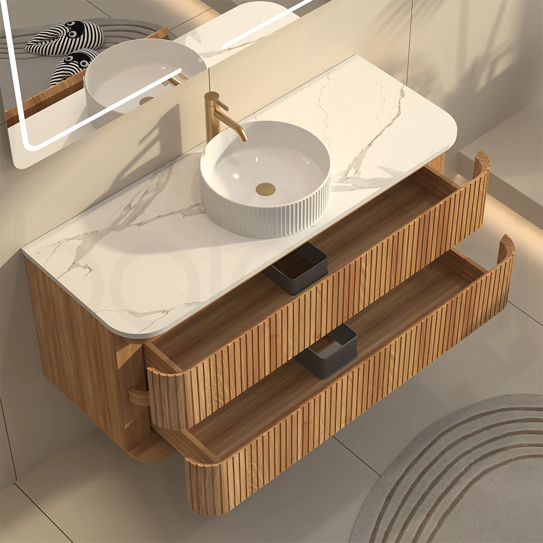 Baiachi Mareeba 1200 Timber Fluted Wall Hung Bathroom Vanity Calacatta Stone - Image 3
