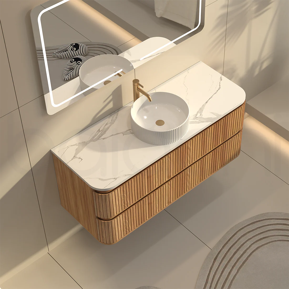 Baiachi Mareeba 1200 Timber Fluted Wall Hung Bathroom Vanity Calacatta Stone - Image 5