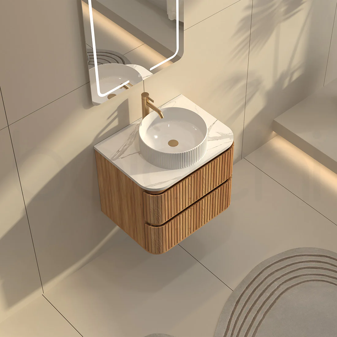 Baiachi Mareeba 600 Timber Fluted Wall Hung Bathroom Vanity Calacatta Stone - Image 3