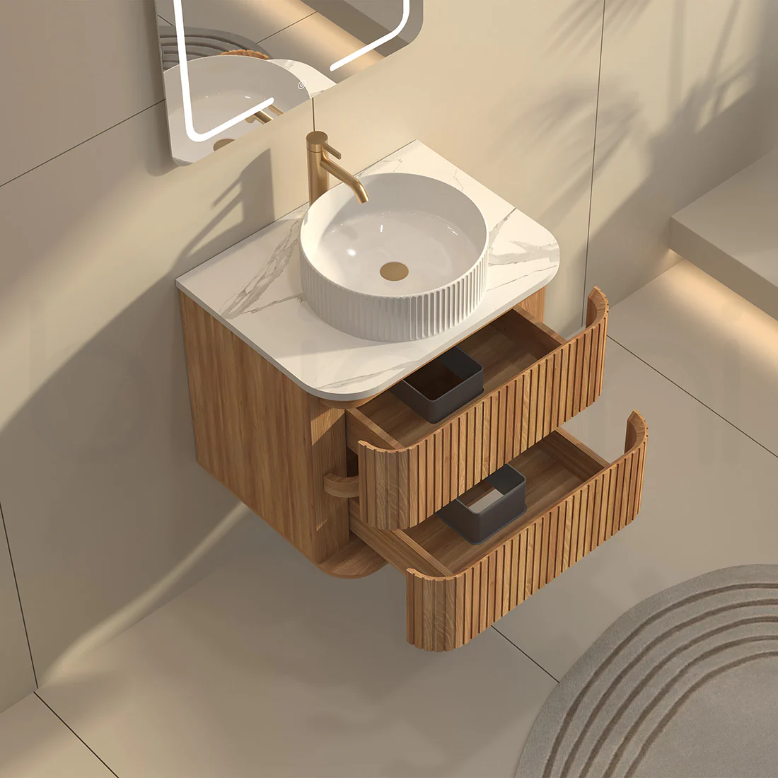 Baiachi Mareeba 600 Timber Fluted Wall Hung Bathroom Vanity Calacatta Stone - Image 5