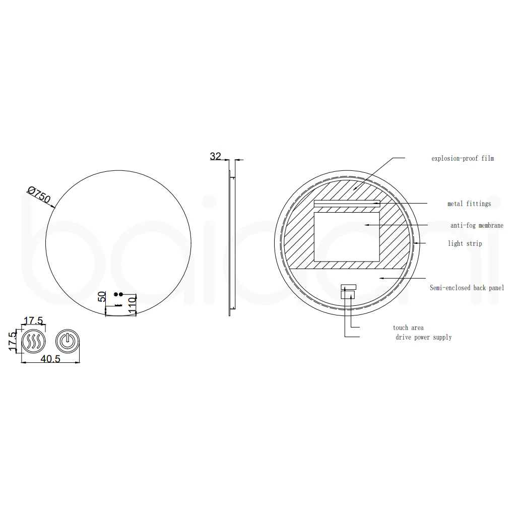 Baiachi LED Round 750mm Backlit Anti-Fog Mirror - Image 5