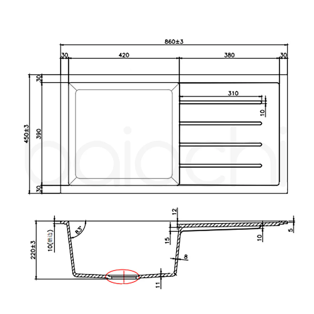 Baiachi 860 x 450 Single Bowl and Drainer Granite Kitchen Sink Black with Stainless Steel Waste - Image 5