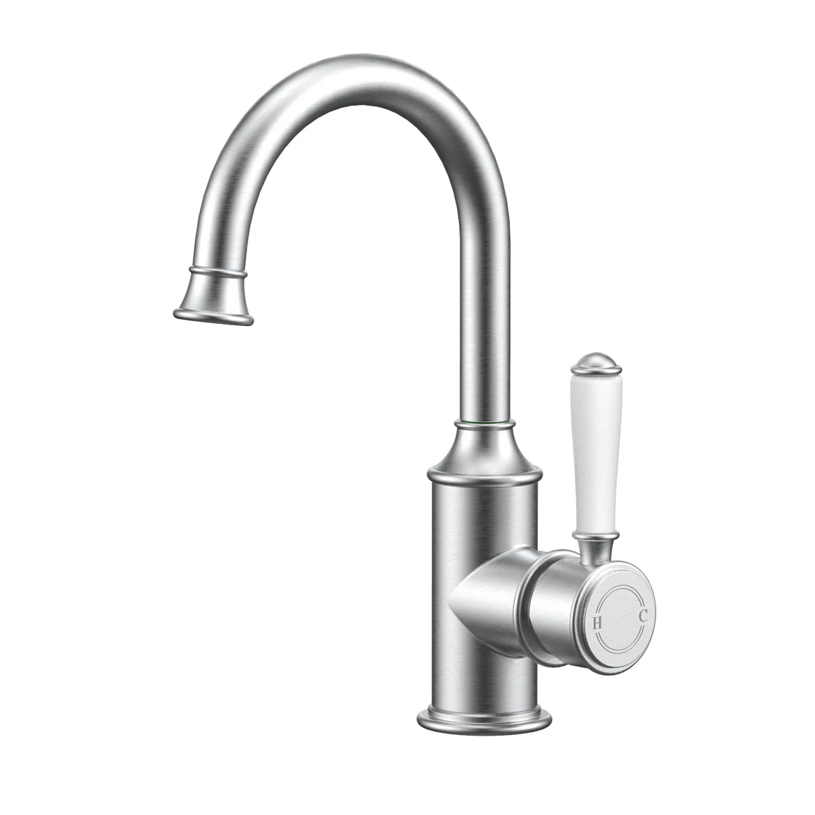 Ikon Clasico Gooseneck Basin Mixer Ceramic Handle Brushed Nickel - Image 2