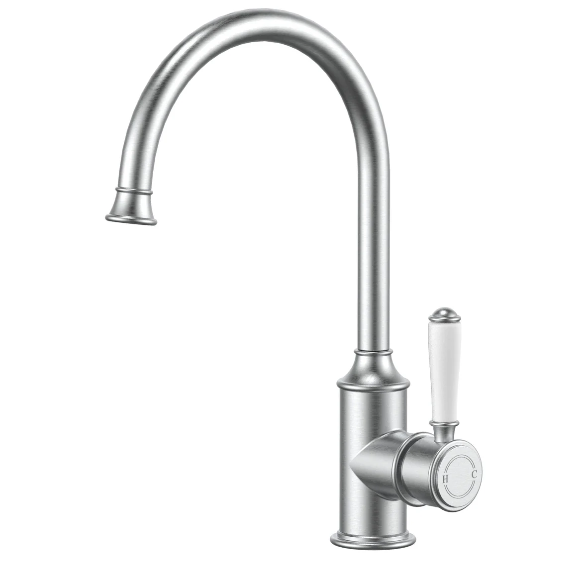 Ikon Clasico Gooseneck Sink Mixer Ceramic Handle Brushed Nickel - Image 2