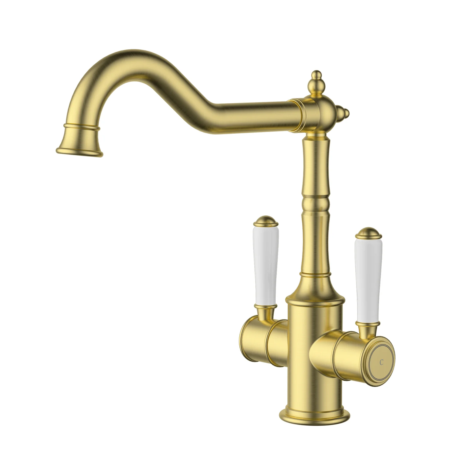Ikon Clasico Twin Handle Gooseneck Sink Mixer Ceramic Handle Brushed Gold - Image 2