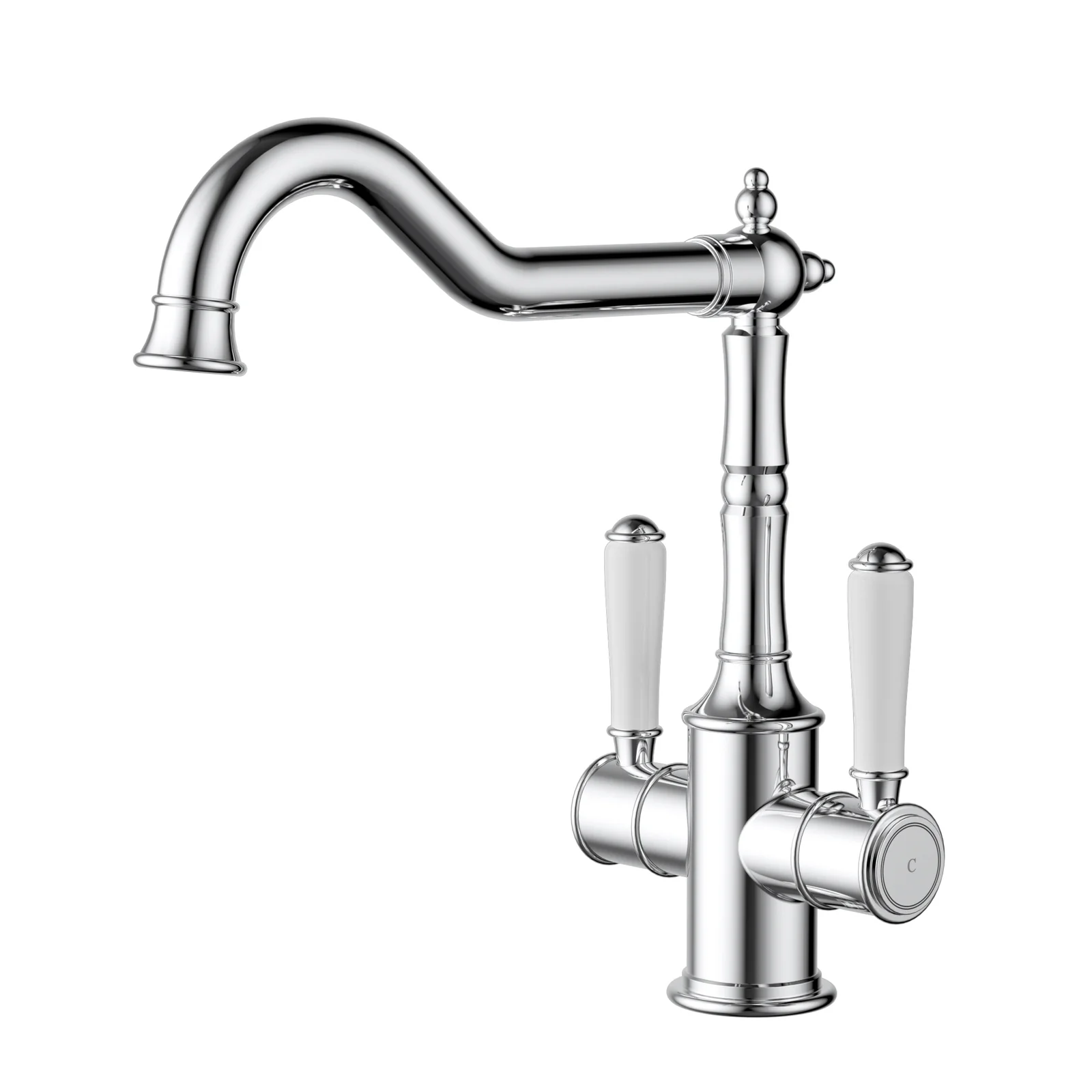 Ikon Clasico Twin Handle Gooseneck Sink Mixer Ceramic Handle Chrome - Image 4