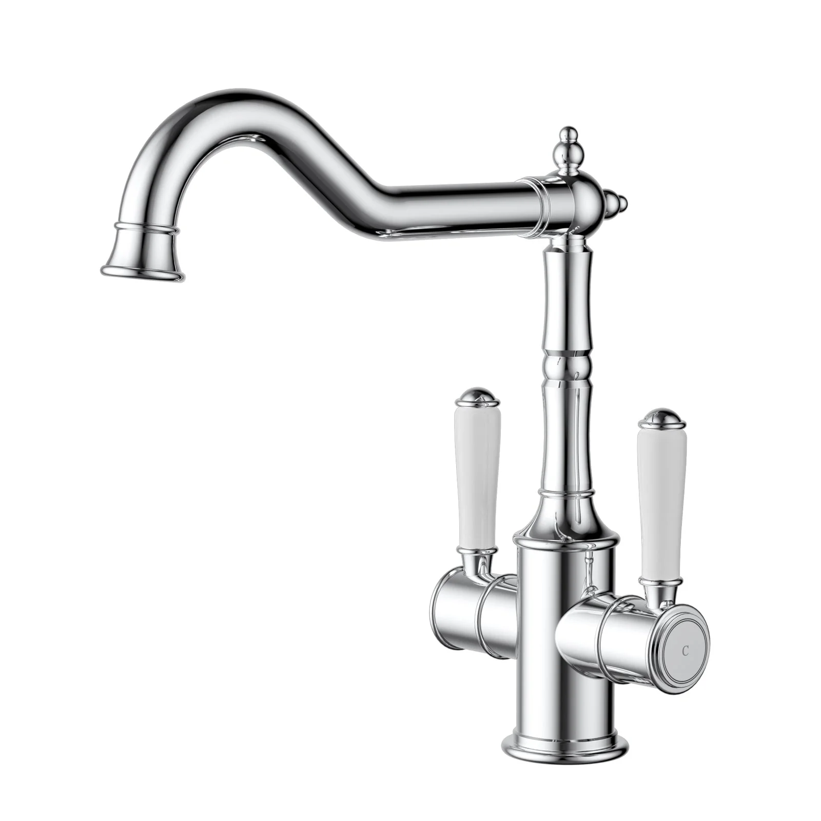Ikon Clasico Twin Handle Gooseneck Sink Mixer Ceramic Handle Chrome - Image 6