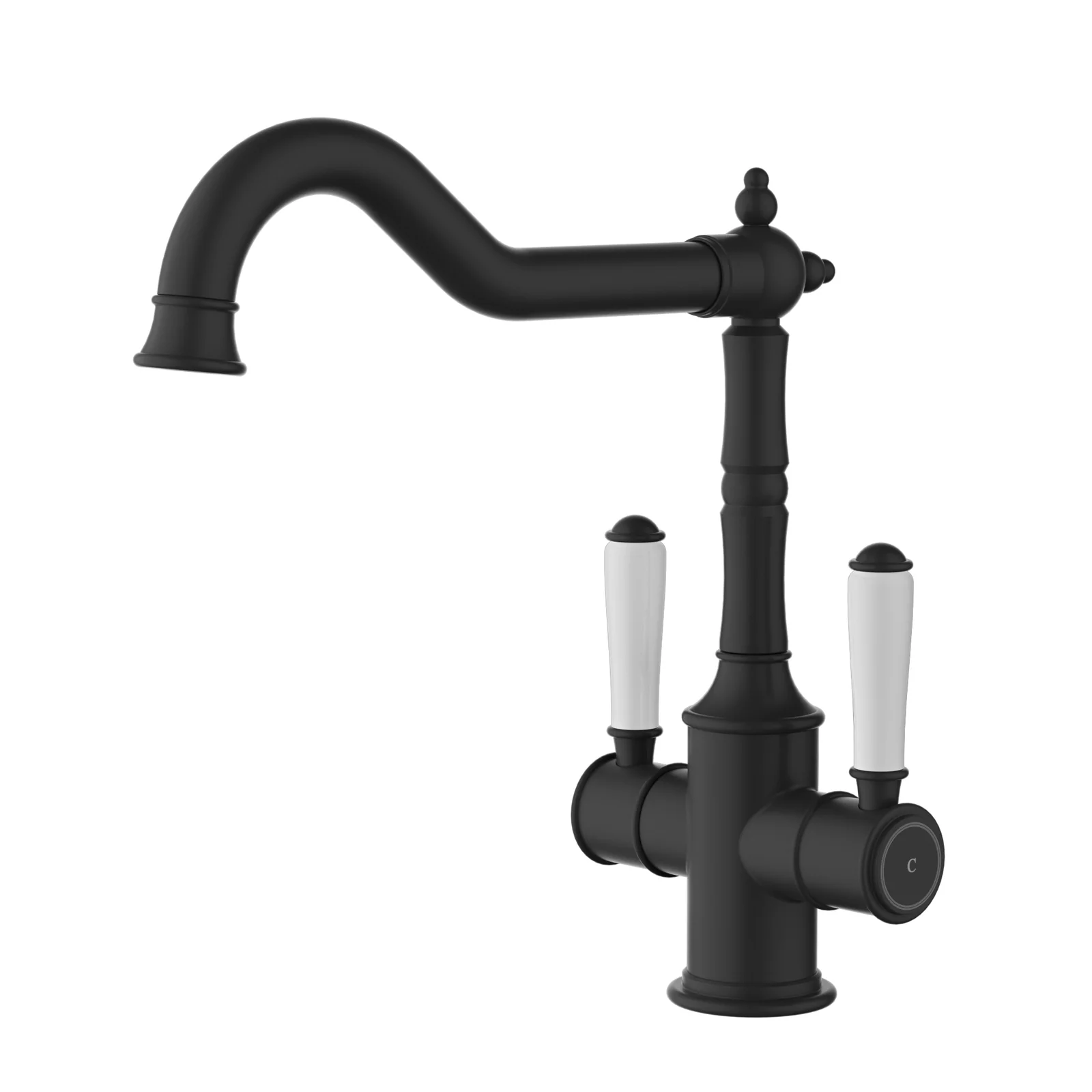 Ikon Clasico Twin Handle Gooseneck Sink Mixer Ceramic Handle Matte Black - Image 3