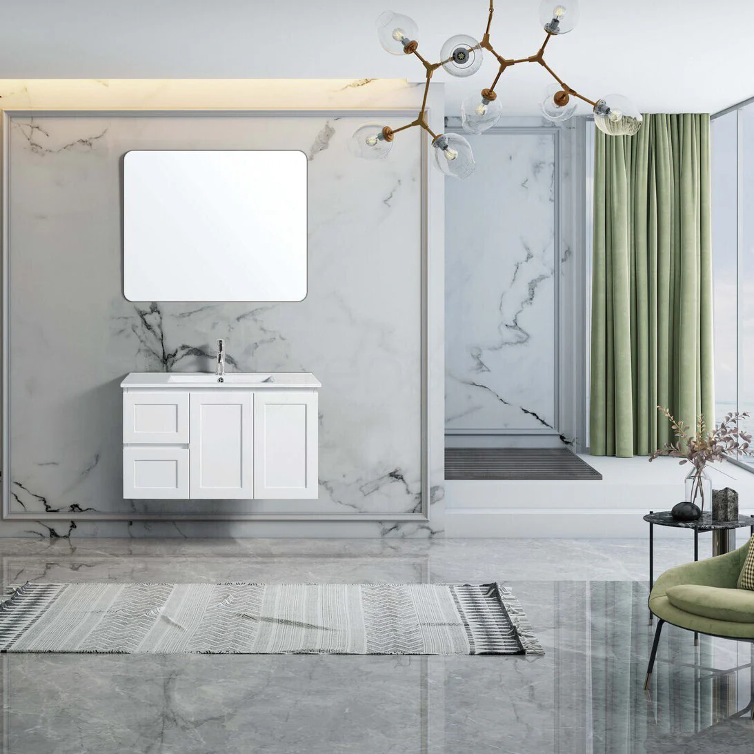 Shaker 900mm Plywood Wall Hung Bathroom Vanity White Quartz Stone - Image 2