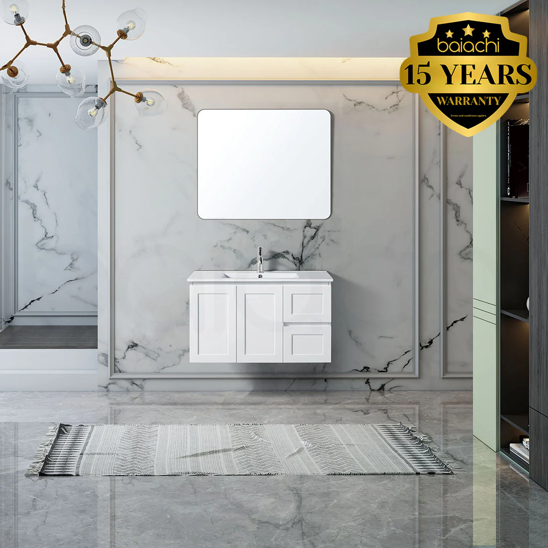Shaker Plywood 900mm Right Drawer Wall Hung Bathroom Vanity White Stone - Image 3