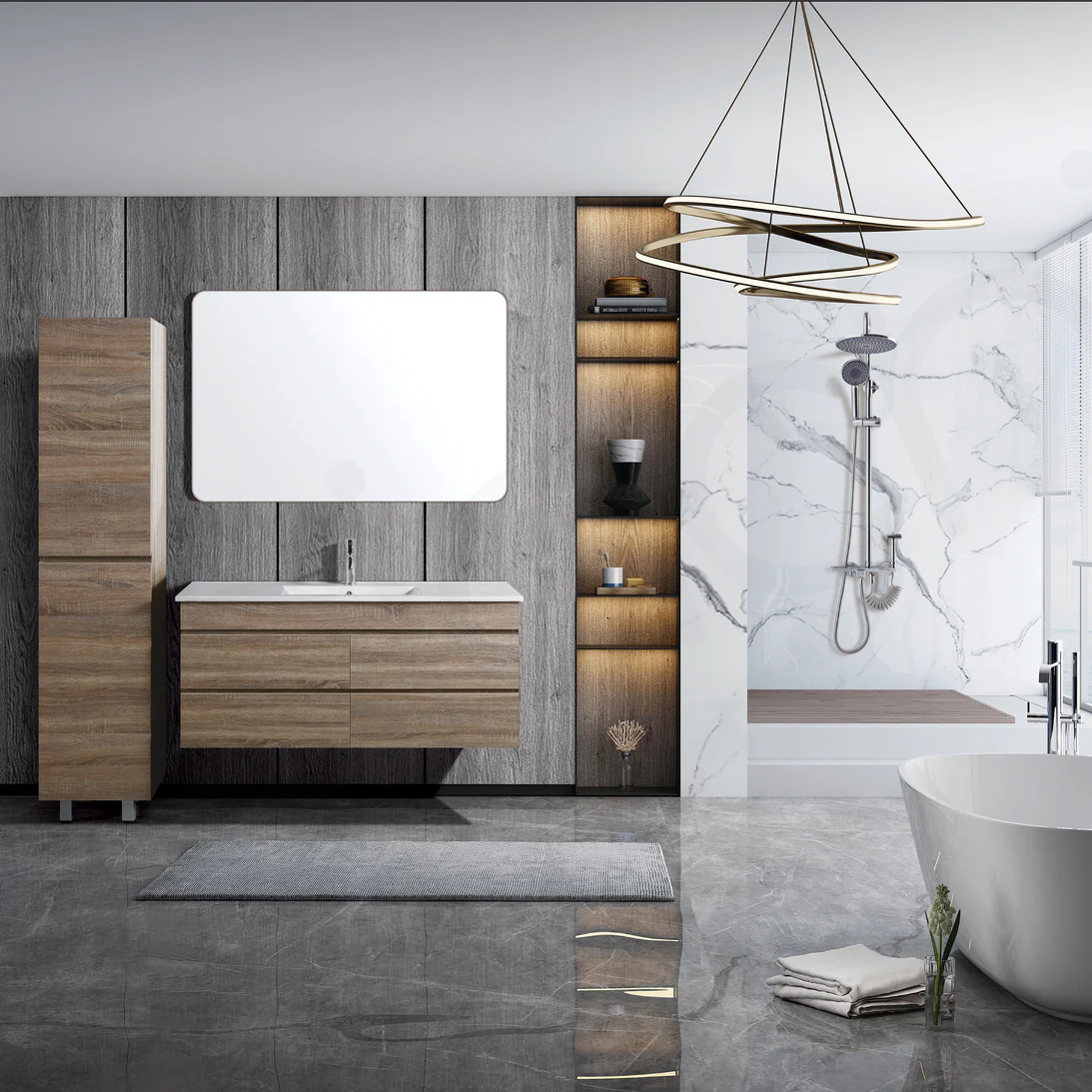 Vellena 1200mm PVC Water Proof Prime Oak Wall Hung Bathroom Vanity Ceramic Basin - Image 3